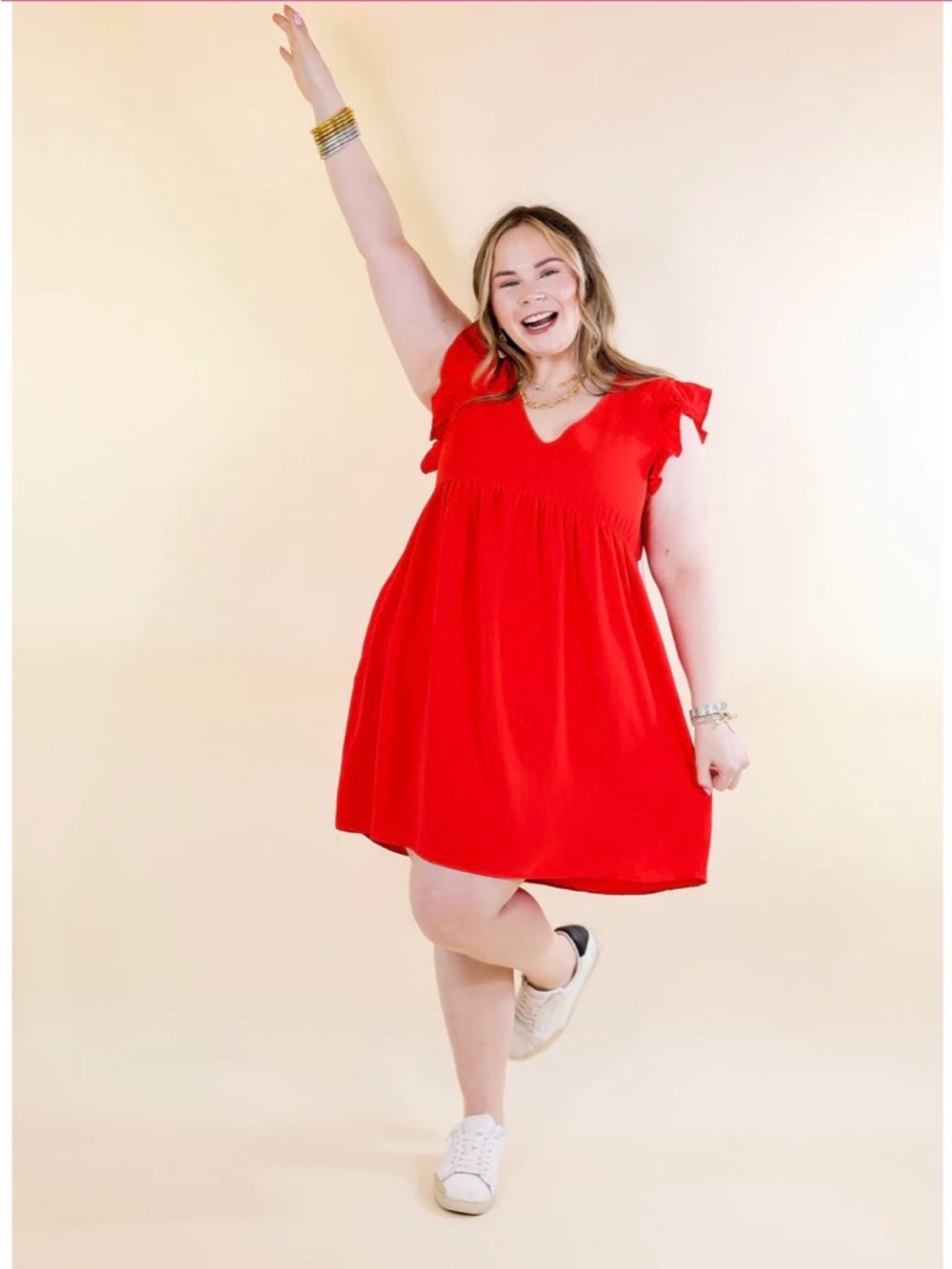 Umgee Coral-Red Ruffle Sleeve V-Neck Mini Dress - Picture 3 of 8